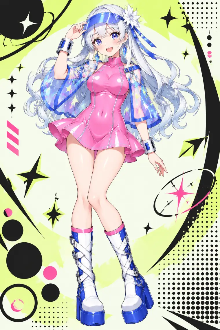 AIイラスト版｜ホットピンクのミニドレス、多色の星柄シアーケープ、青×白の厚底ブーツ