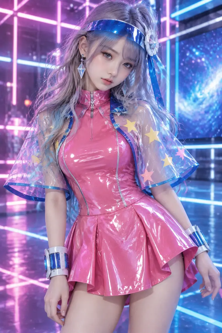 実写AI版｜ホットピンクのミニドレス、多色の星柄シアーケープ、青×白の厚底ブーツ
