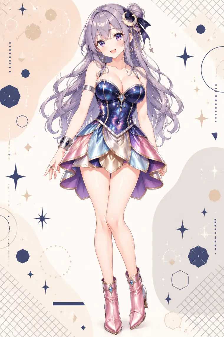 AIイラスト版｜ネイビーの星雲柄コルセット、ピンク・青・金・紫の花弁スカート、ローズピンクのブーツ