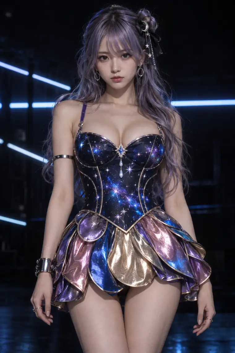 実写AI版｜ネイビーの星雲柄コルセット、ピンク・青・金・紫の花弁スカート、ローズピンクのブーツ