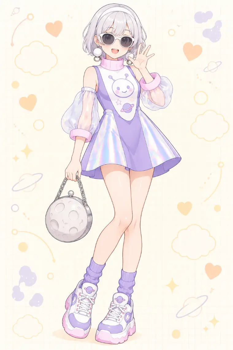 AIイラスト版｜ペリウィンクルの宇宙人柄ミニドレス、透明バルーン袖、月面風バッグと厚底スニーカー
