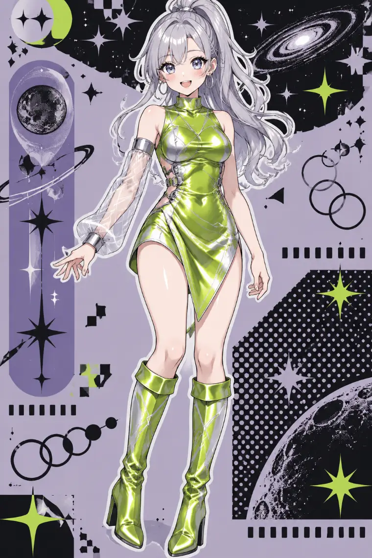AIイラスト版｜ライムグリーンのメタリックミニドレス、ウエストの透明パネル、右腕のシアースリーブ