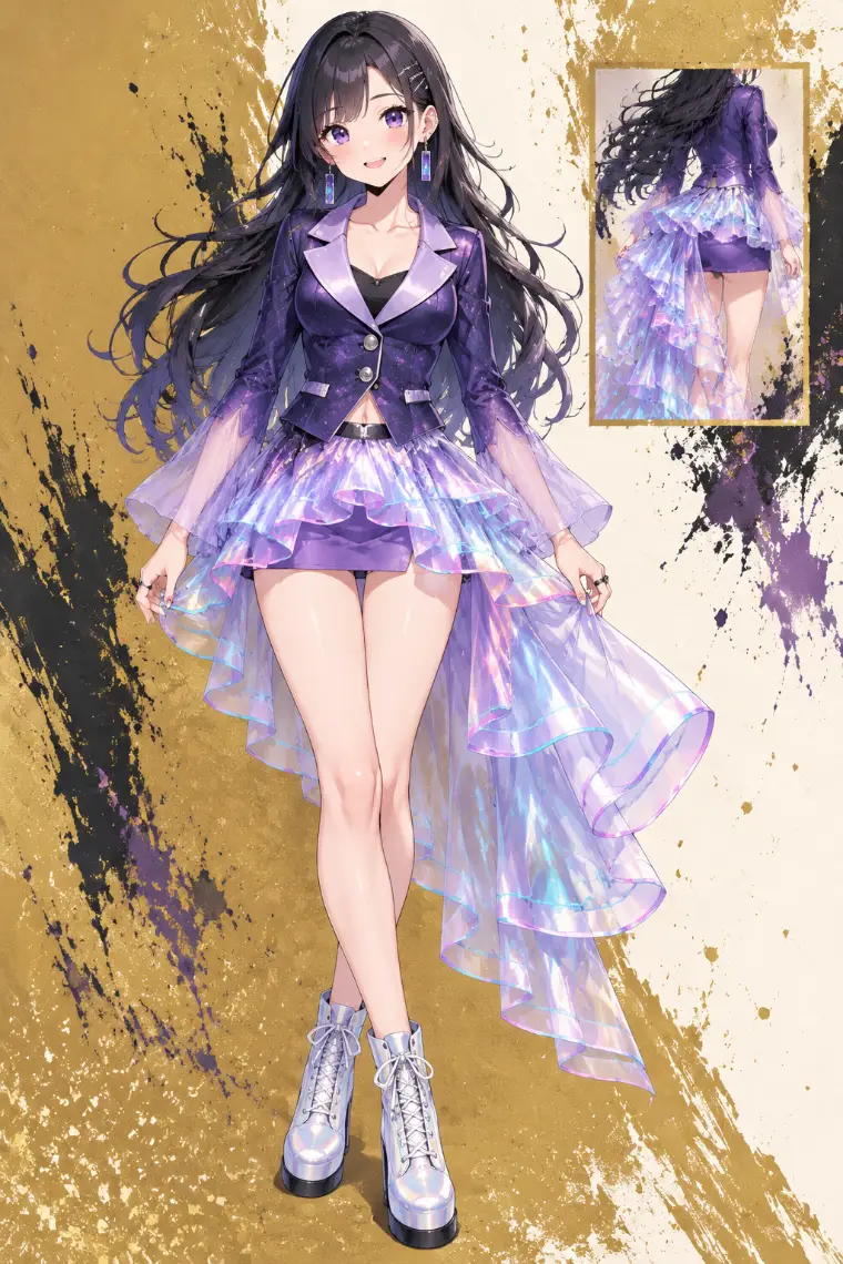 AIイラスト版｜ディープパープルのショートジャケット、虹色に反射する透明オーバースカート、白銀の厚底ブーツ