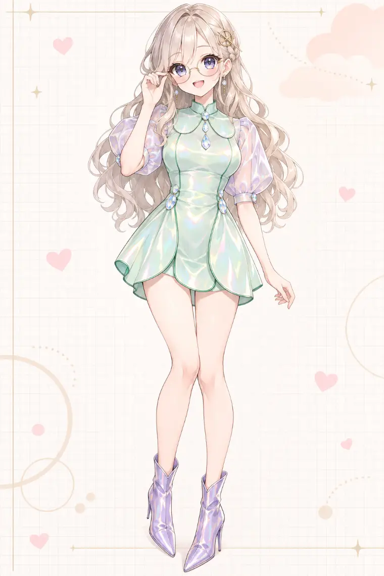 AIイラスト版｜ミントグリーンのパール調ミニドレス、花弁状スカート、ラベンダーの透明パフ袖