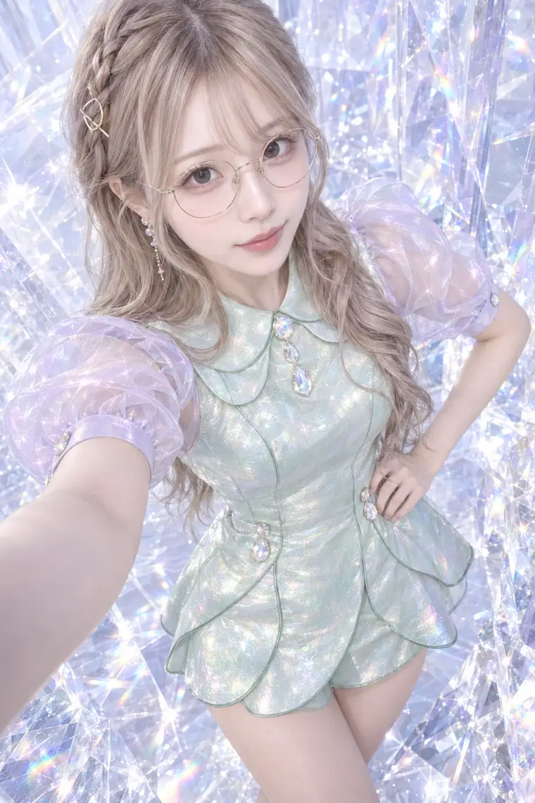 実写AI版｜ミントグリーンのパール調ミニドレス、花弁状スカート、ラベンダーの透明パフ袖