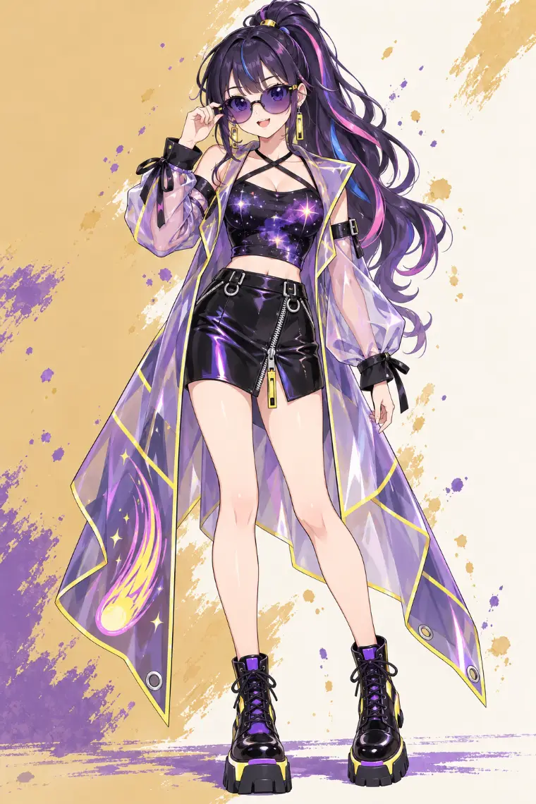 AIイラスト版｜黒×紫の星雲柄クロップドトップス、彗星模様の透明ロングコート、黒の厚底ブーツ