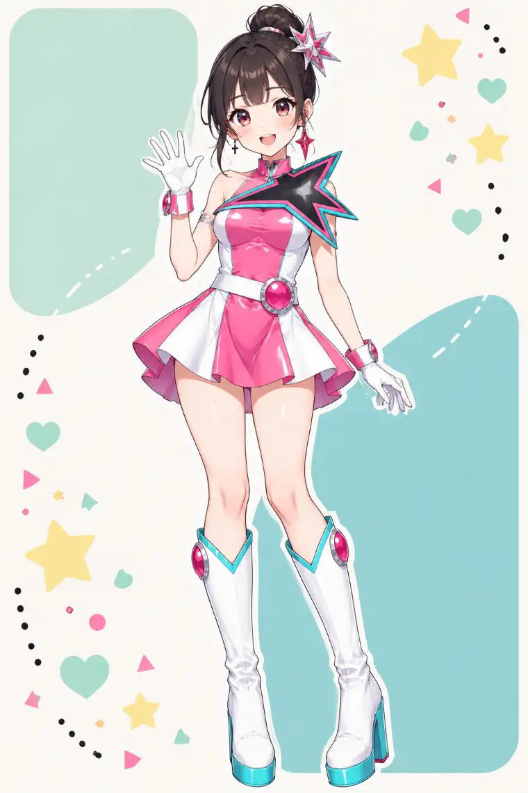 AIイラスト版｜ピンク×白のプリーツミニドレス、胸を横切る大型星型カラー、白の膝丈厚底ブーツ