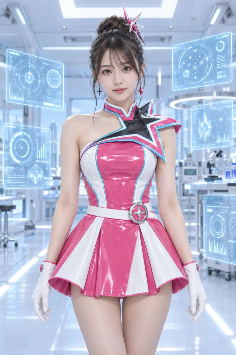 実写AI版｜ピンク×白のプリーツミニドレス、胸を横切る大型星型カラー、白の膝丈厚底ブーツ