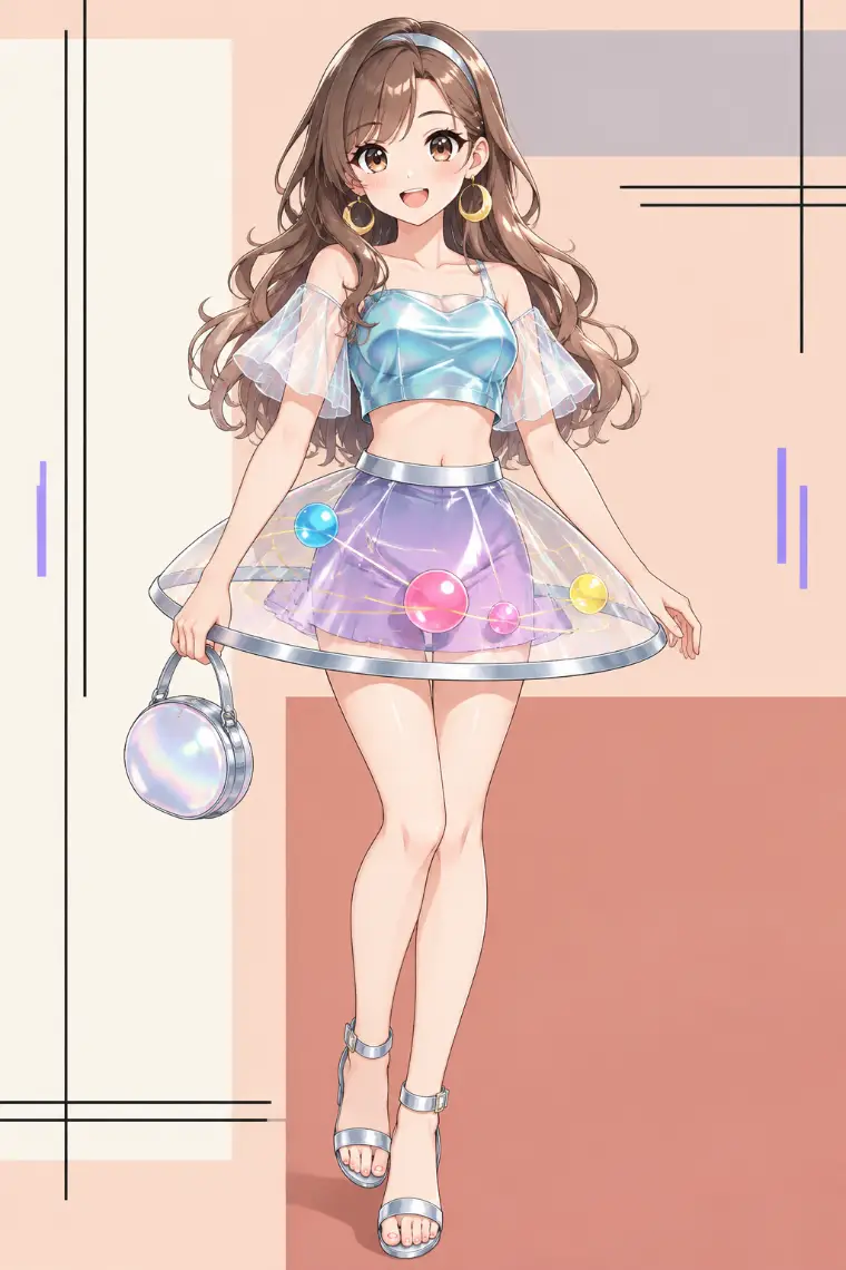 AIイラスト版｜アクアのクロップドトップス、惑星を配した透明円盤スカート、シルバーサンダル