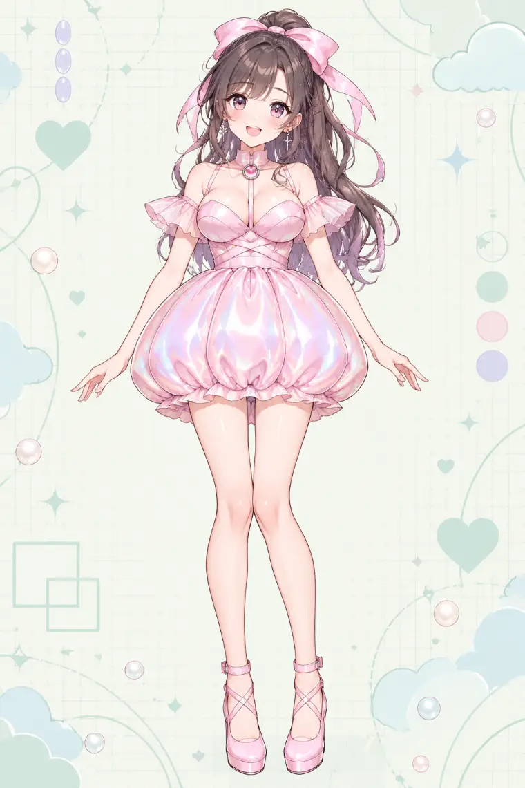 AIイラスト版｜偏光ピンクのミニドレス、丸く膨らんだバブルスカート、肩のプリーツファン袖