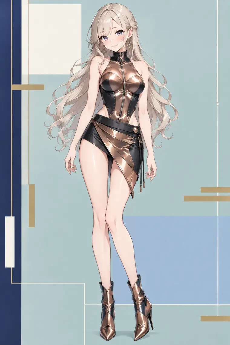 AIイラスト版｜黒×ブロンズのメタリックミニ、胸元の縦ジッパー、非対称のラップ裾とブロンズブーツ