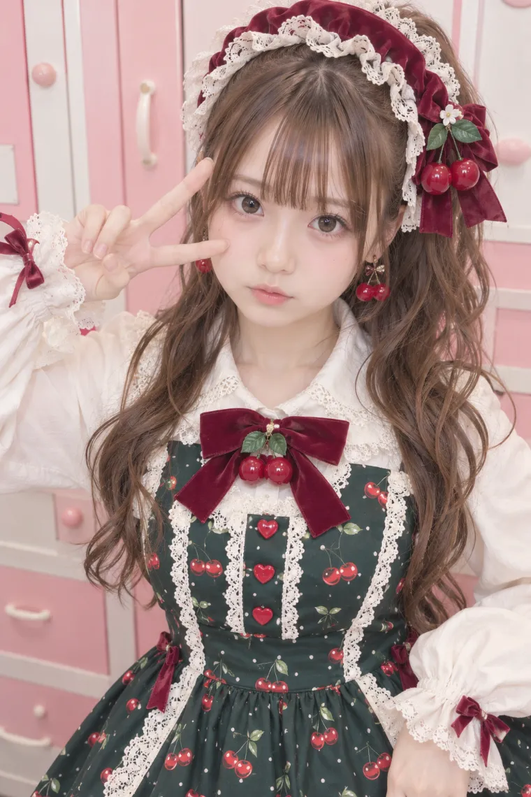 実写AI｜チェリー柄グリーンのピナフォアワンピと赤いメリージェーンのコーデ