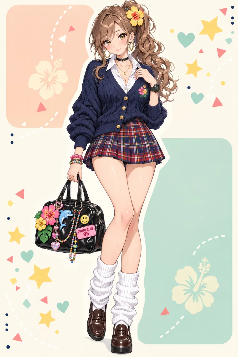 AIイラスト版｜紺のカーディガンとチェック柄ミニスカートの平成ギャルコーデ