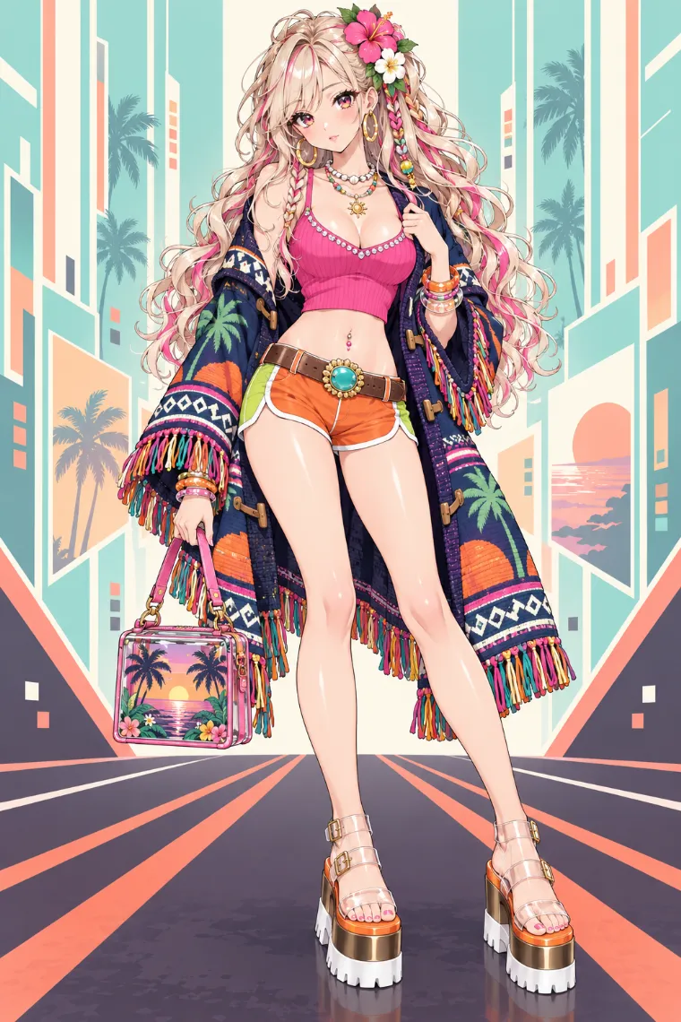 AIイラスト版｜ヤシ柄のブランケットコートを羽織った平成ギャルコーデ