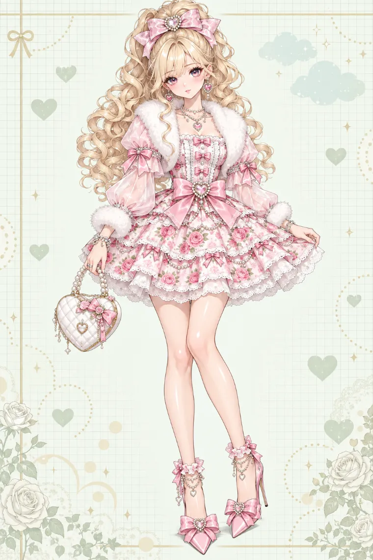 AIイラスト版｜ピンクのローズ柄ティアードミニドレスの平成ギャルコーデ