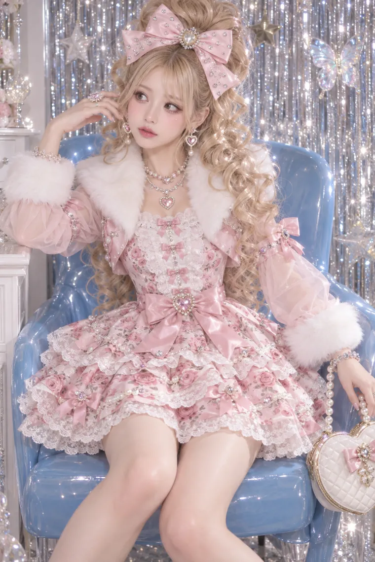 実写AI版｜ピンクのローズ柄ティアードミニドレスの平成ギャルコーデ