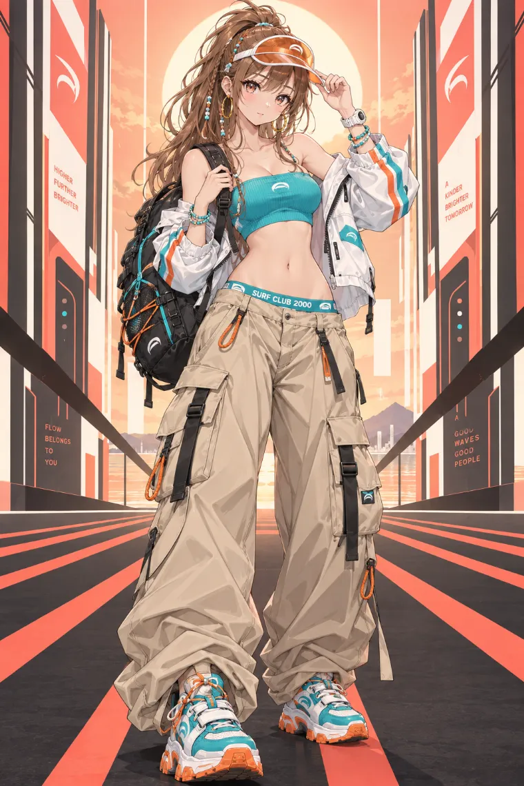 AIイラスト版｜ベアトップとワイドカーゴパンツを合わせた平成ギャルコーデ