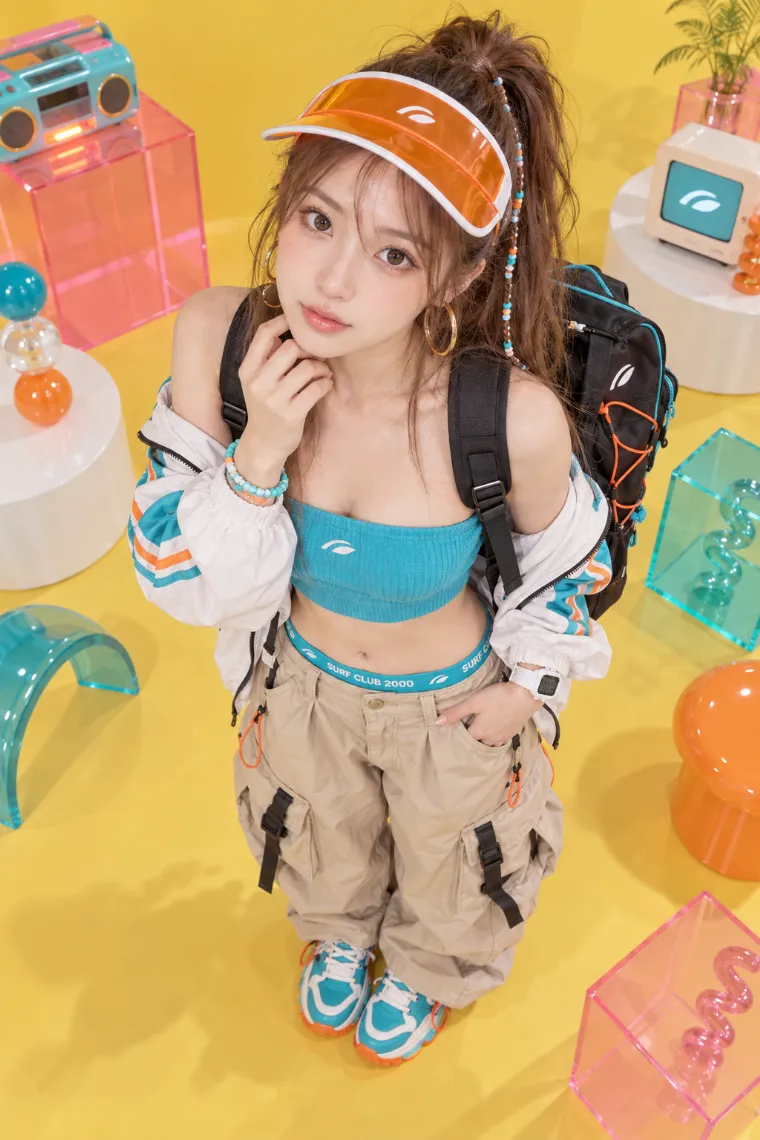 実写AI版｜ベアトップとワイドカーゴパンツを合わせた平成ギャルコーデ