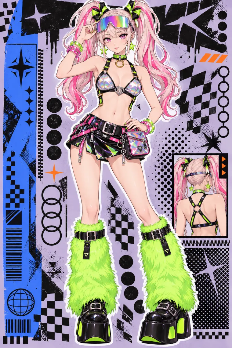 AIイラスト版｜ホログラムのブラレットと蛍光黄緑のファーレッグウォーマーの平成ギャルコーデ