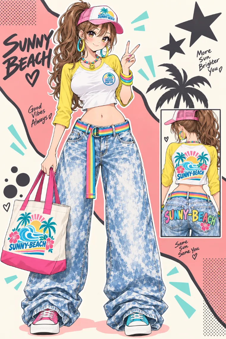 AIイラスト版｜短丈ラグランTシャツとワイドジーンズの平成ギャルコーデ