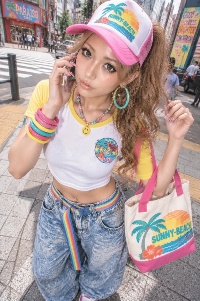 実写AI版｜短丈ラグランTシャツとワイドジーンズの平成ギャルコーデ