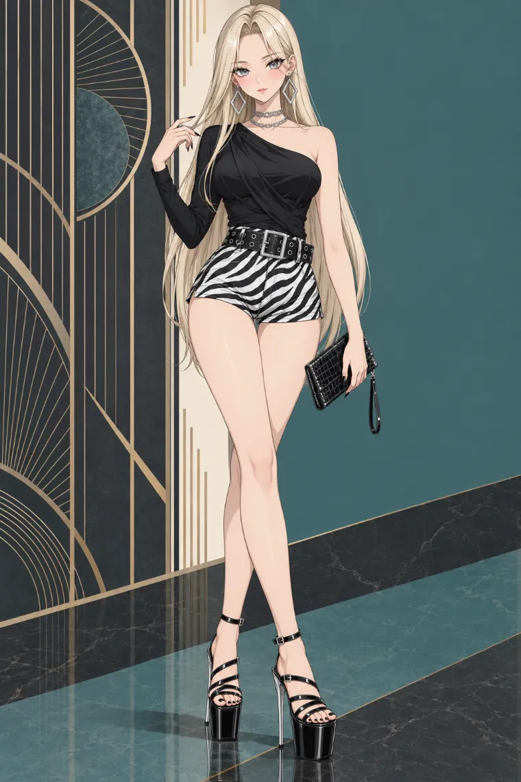 AIイラスト版｜黒のワンショルダートップスとゼブラ柄ショートパンツの平成ギャルコーデ