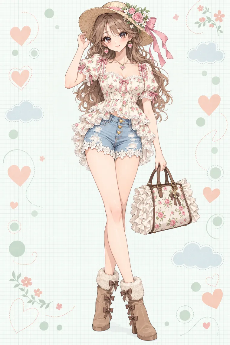 AIイラスト版｜ローズ柄ブラウスとレース付きデニムショートパンツの平成ギャルコーデ