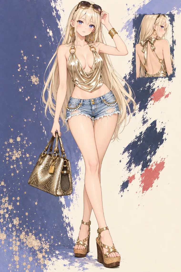 AIイラスト版｜ゴールドのホルタートップスとデニムショートパンツの平成ギャルコーデ
