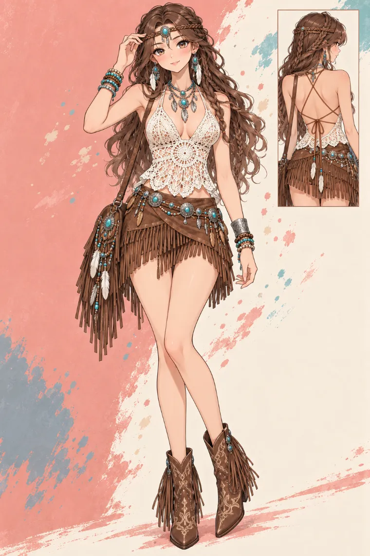 AIイラスト版｜クロシェトップスとフリンジミニスカートの平成ギャルコーデ