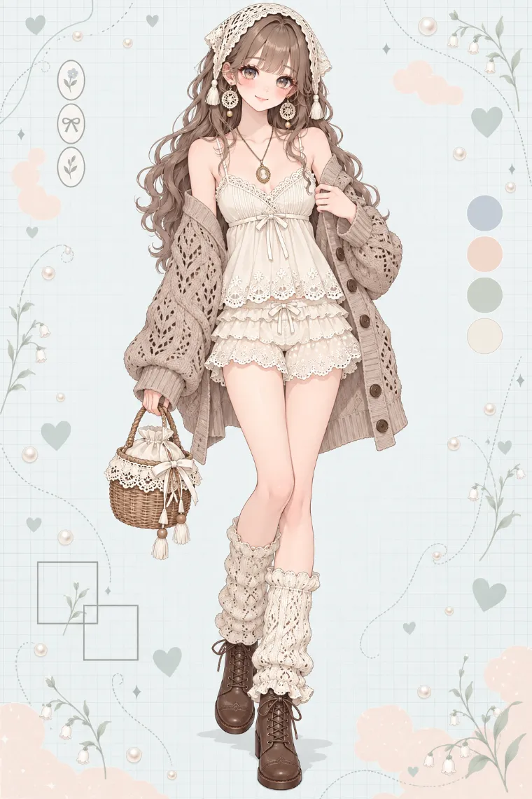AIイラスト版｜透かし編みカーディガンとフリルショートパンツの平成ギャルコーデ