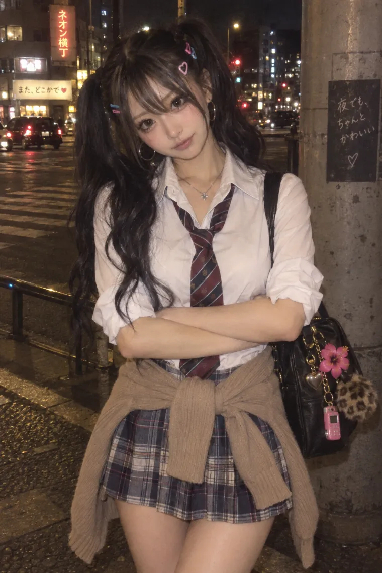 実写AI版｜カーディガンを腰に巻いた制服風の平成ギャルコーデ