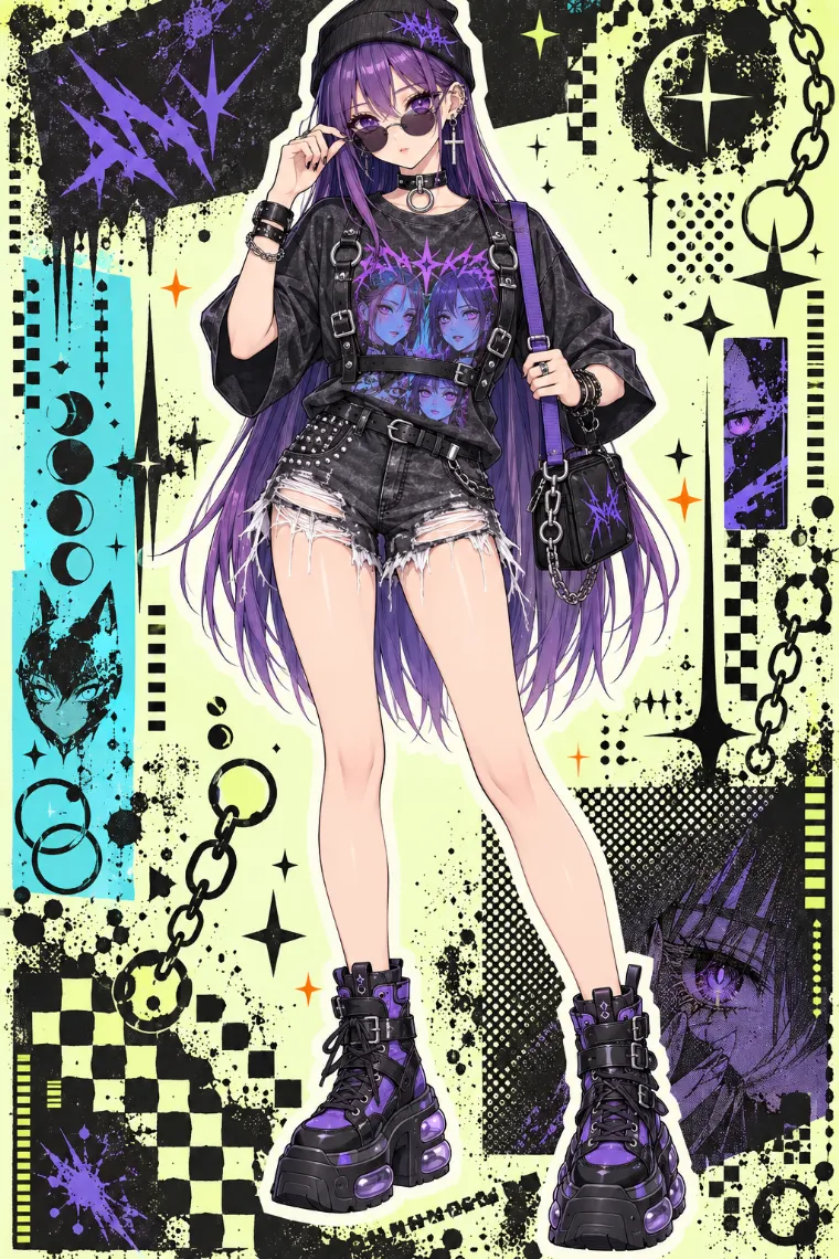 AIイラスト版｜レザーハーネスを重ねたグラフィックTシャツの平成ギャルコーデ