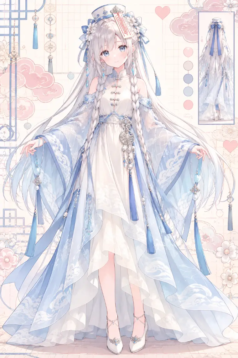 AIイラスト版｜象牙色のロングドレス、氷青のシアー大袖、雲柄のグラデーションスカート