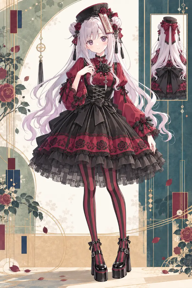 AIイラスト版｜ワインレッドのブラウス、黒ベルベットコルセット、薔薇レースのベルスカート