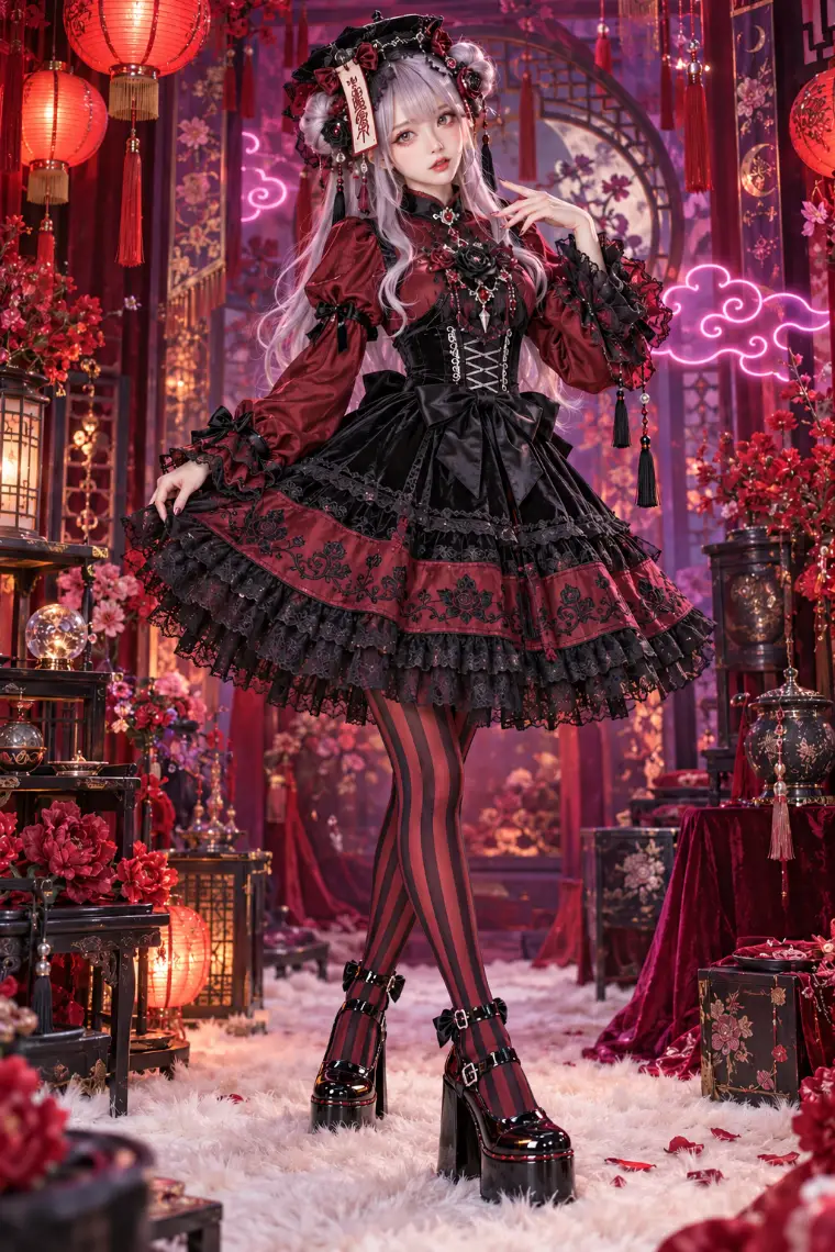 実写AI版｜ワインレッドのブラウス、黒ベルベットコルセット、薔薇レースのベルスカート