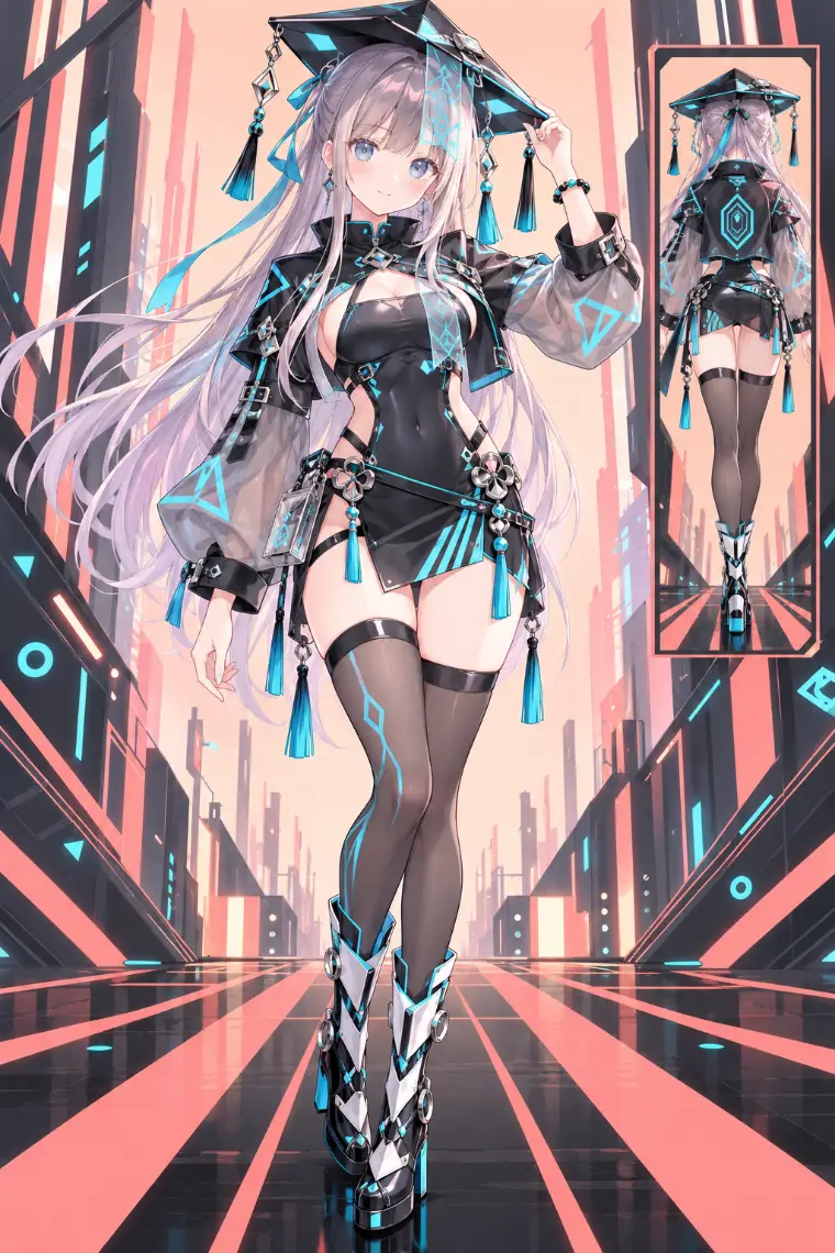AIイラスト版｜黒×シアンのショートジャケットとボディスーツ、白い装甲プレート付き厚底ブーツ