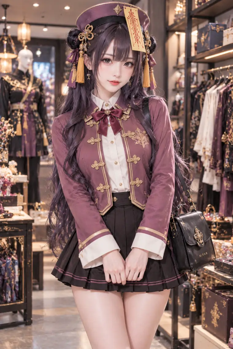 実写AI版｜モーヴの短丈ジャケット、生成りシャツ、濃茶プリーツミニ、黒の厚底ローファー