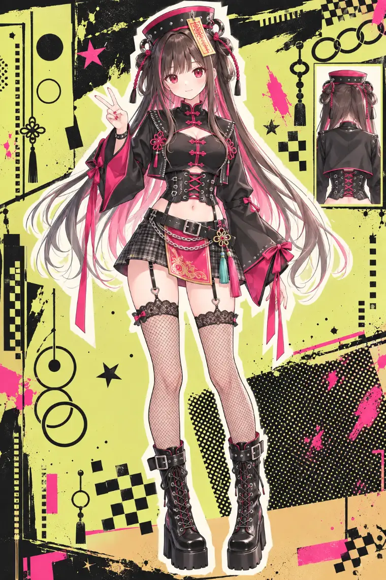 AIイラスト版｜黒の短丈ジャケット、フューシャの編み上げコルセット、チェックの非対称ミニ、網タイツ