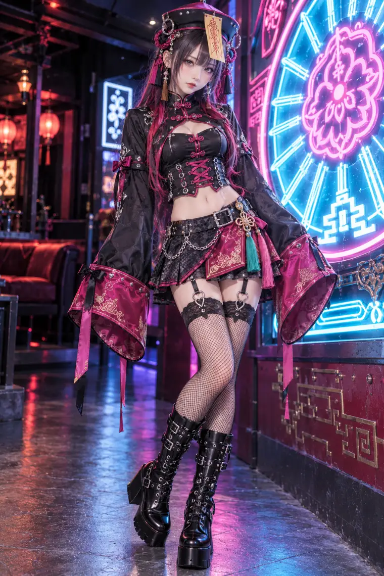 実写AI版｜黒の短丈ジャケット、フューシャの編み上げコルセット、チェックの非対称ミニ、網タイツ