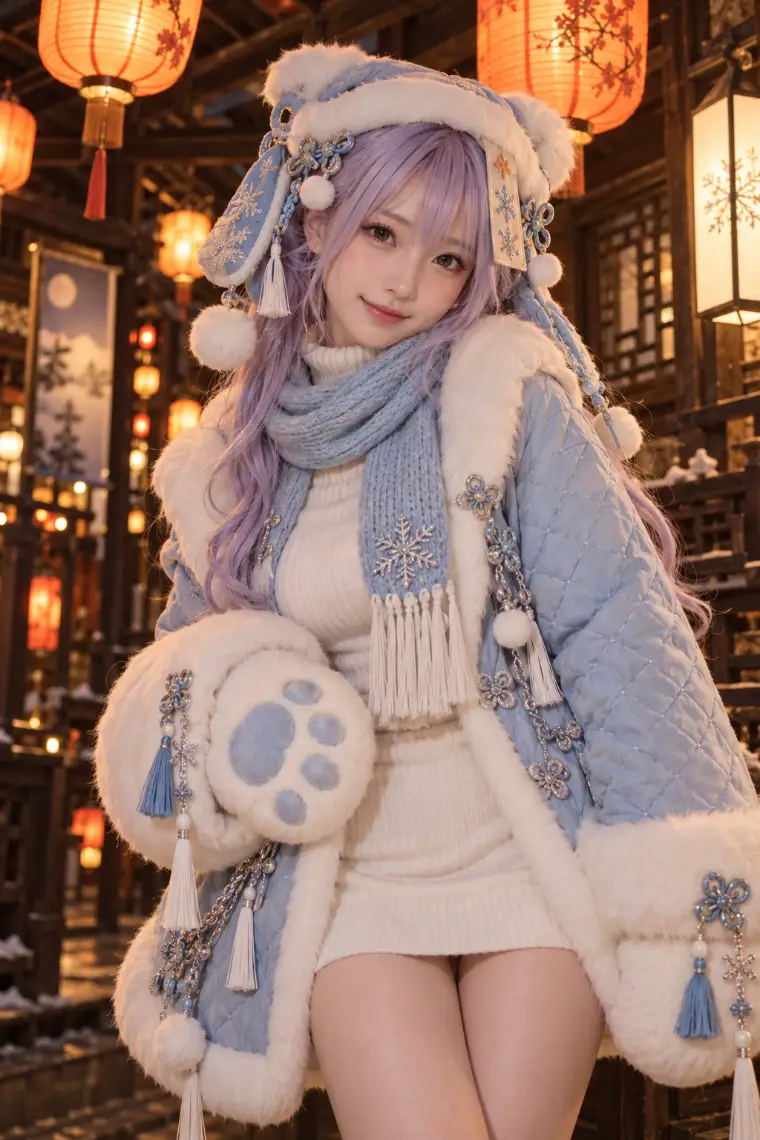 実写AI版｜白ファー付き淡青キルティングコート、白ニットミニ、肉球ミトン、ファーレッグカバーと白の編み上げブーツ