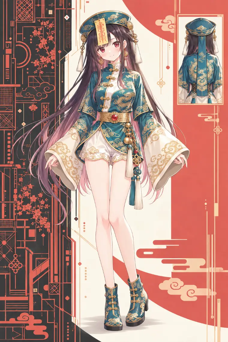 AIイラスト版｜孔雀青の龍雲柄チャイナ上衣、生成りの大袖口とショーツ、青緑のアンクルブーツ