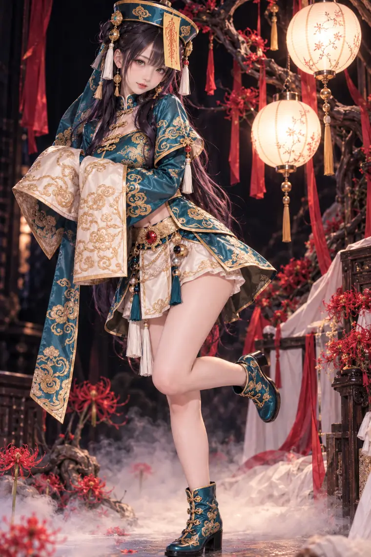 実写AI版｜孔雀青の龍雲柄チャイナ上衣、生成りの大袖口とショーツ、青緑のアンクルブーツ