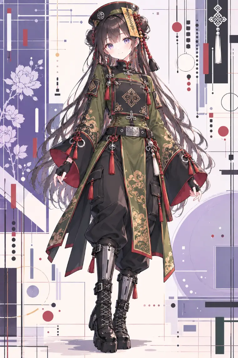 AIイラスト版｜オリーブの分割裾チャイナコート、黒の胸パネルとカーゴパンツ、金属製脛ガード