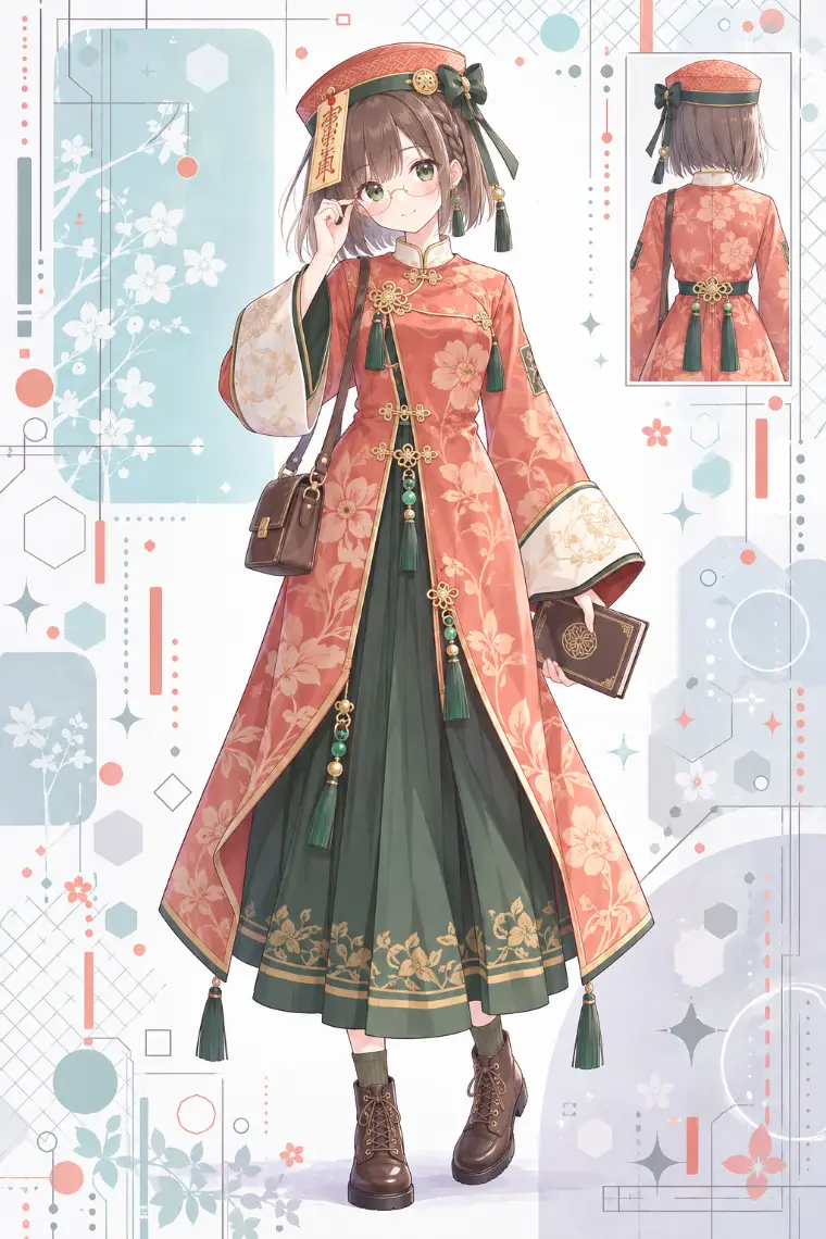 AIイラスト版｜コーラルの花柄ロングコート、深緑のプリーツロングスカート、丸眼鏡と茶の革鞄