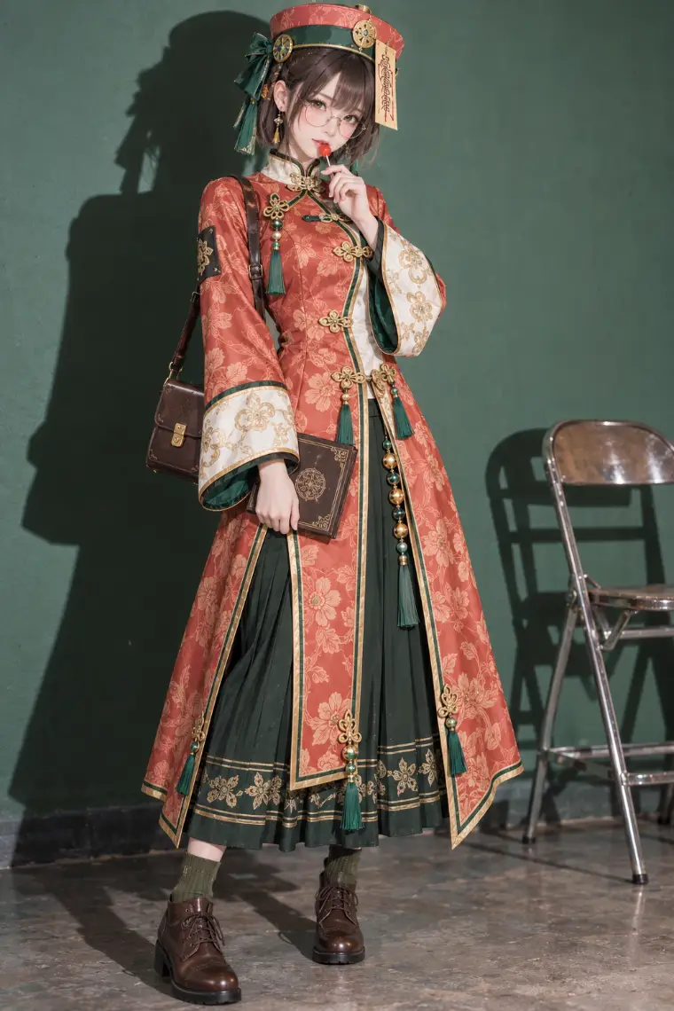 実写AI版｜コーラルの花柄ロングコート、深緑のプリーツロングスカート、丸眼鏡と茶の革鞄