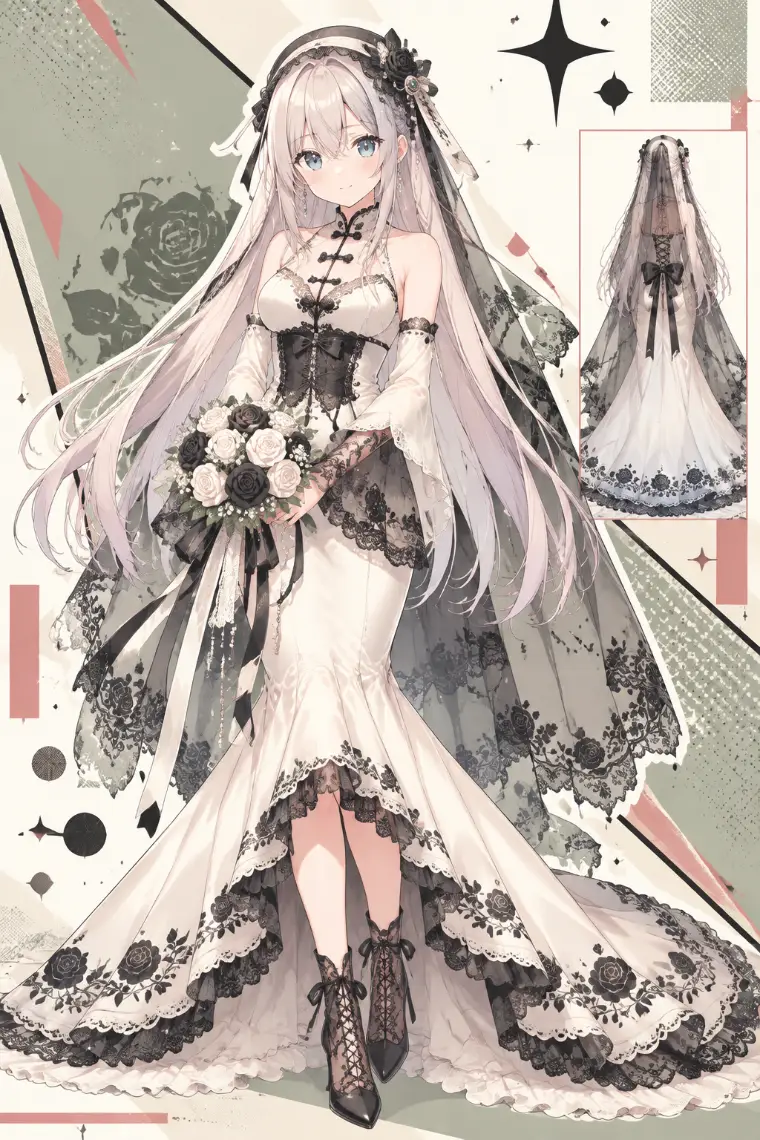 AIイラスト版｜象牙色のマーメイドドレス、黒薔薇レースとロングヴェール、黒白の薔薇ブーケ