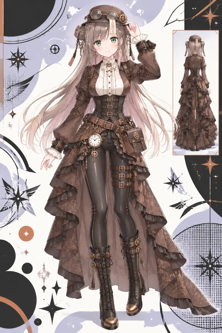 AIイラスト版｜茶の花柄ブロケードジャケット、革コルセット、黒革パンツ、懐中時計と歯車