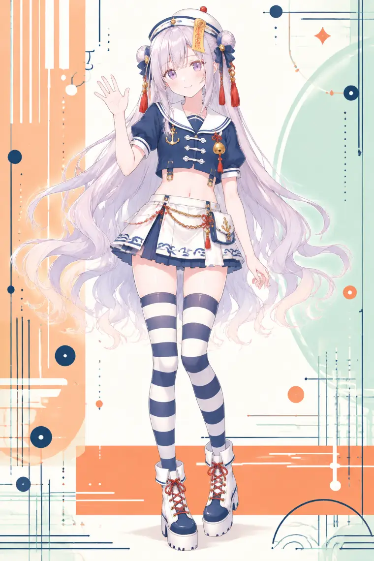 AIイラスト版｜紺のセーラー襟付き短丈チャイナ上衣、白プリーツミニ、紺白の横縞サイハイ