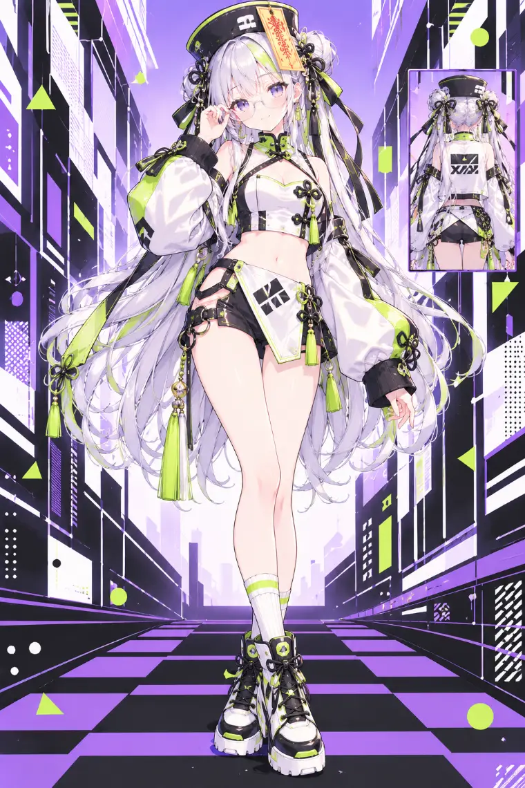 AIイラスト版｜白黒ライムのクロップトップ、ボリューム袖の白アウター、黒ショーツ、厚底スニーカー