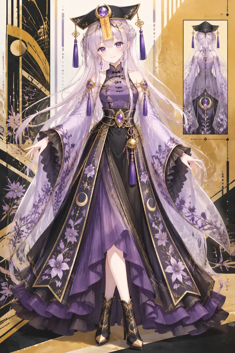 AIイラスト版｜黒紫の月星柄ロングドレス、ラベンダーのシアーケープ、金鎖と紫石飾り